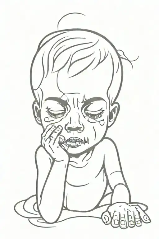 cowaring child crying tears flowing turn into a skull with thick bold lines tattoo design idea