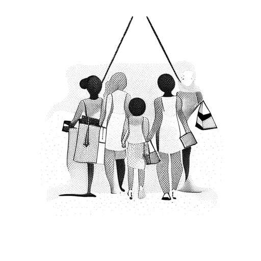 A minimalist tattoo of a group of sisters and cousins enjoying life together, surrounded by shopping bags tattoo design idea