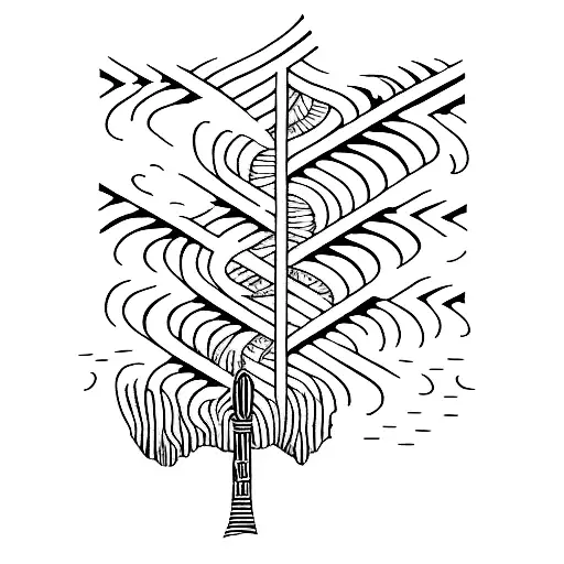 A minimalist tattoo of a piano key with a hidden forest and river scene inside tattoo design idea