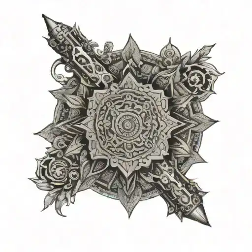 An intricate mandala incorporating gun motifs representing balance and protection tattoo design idea