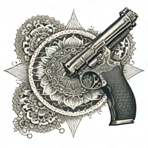 An intricate mandala incorporating gun motifs representing balance and protection tattoo design idea