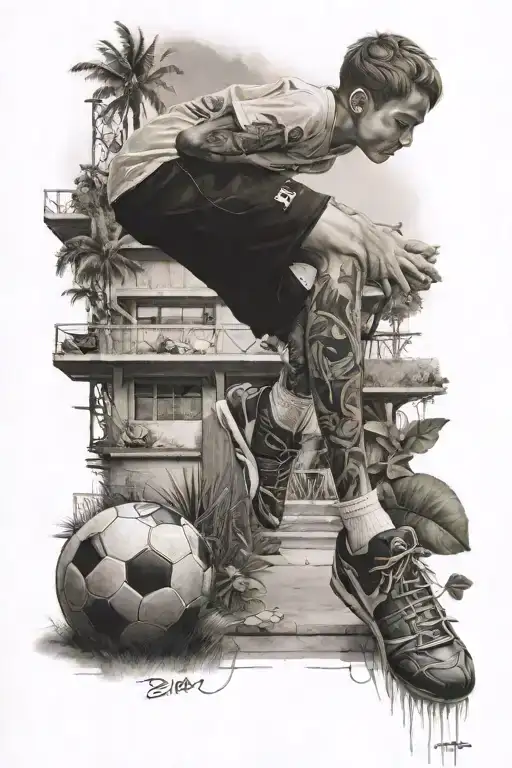 the boy standing with football ball under his right leg,in left part  house of 5 plants, Infront of him football stadium tattoo design idea
