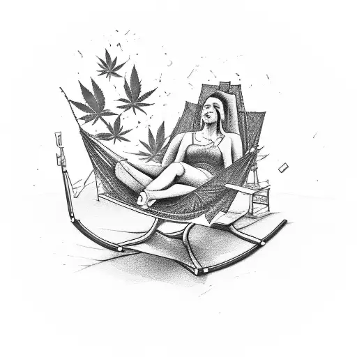 A relaxed figure lounging on a hammock made of dollar bills, surrounded by cannabis leaves and smoke, capturing the essence of leisure and relaxation tattoo design idea
