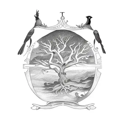 black and white tattoo with oak tree and a cardinal and the words "Esse Quam Vederi" tattoo design idea