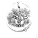 black and white tattoo with oak tree and a cardinal and the words "Esse Quam Vederi" tattoo design idea