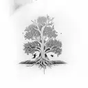 black and white tattoo with oak tree and a cardinal and the words "Esse Quam Vederi" tattoo design idea