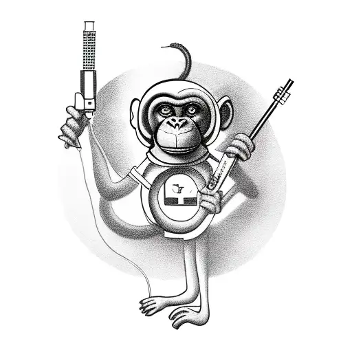 monkey man with on air handbag and vintage mic with legs tattoo design idea