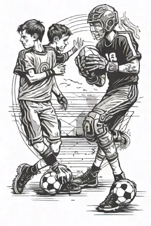 two brothers, 16 and 8 years old. with football jerseys, goalkeeper gloves, football, on the way to the sports field tattoo design idea
