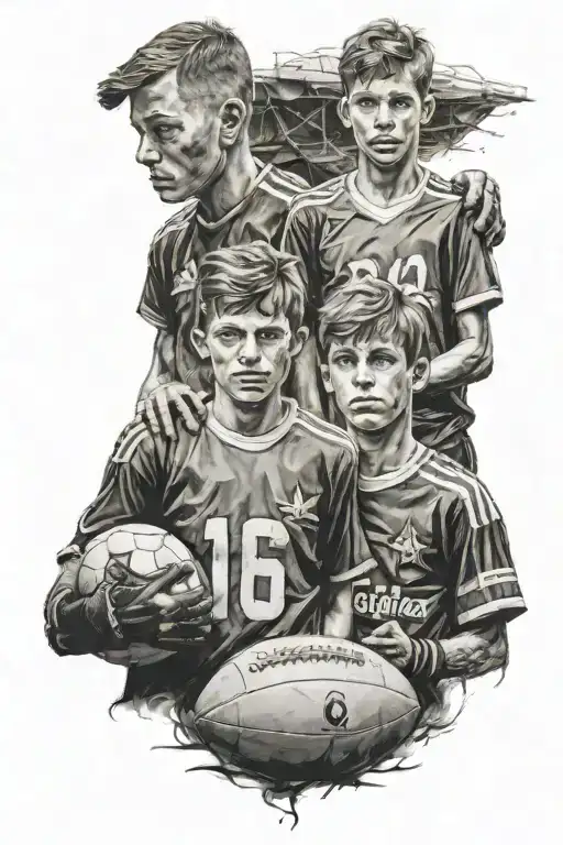 two brothers, 16 and 8 years old. with football jerseys, goalkeeper gloves, football, on the way to the sports field tattoo design idea