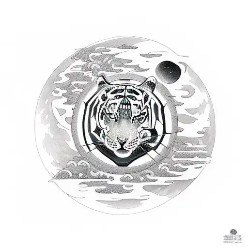 A new-school tattoo combining elements of ancient Greek mythology and moon phases, with a tiger as the central figure. tattoo design idea