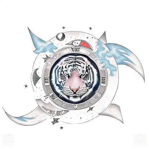 A new-school tattoo combining elements of ancient Greek mythology and moon phases, with a tiger as the central figure. tattoo design idea