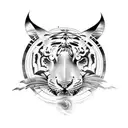 A new-school tattoo combining elements of ancient Greek mythology and moon phases, with a tiger as the central figure. tattoo design idea