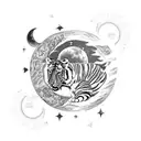 A new-school tattoo combining elements of ancient Greek mythology and moon phases, with a tiger as the central figure. tattoo design idea