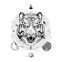 A new-school tattoo combining elements of ancient Greek mythology and moon phases, with a tiger as the central figure. tattoo design idea