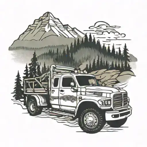 An intricate design of a Dodge Diesel truck driving through a forest with mountains in the background, representing the client's love for both trucks and the outdoors tattoo design idea