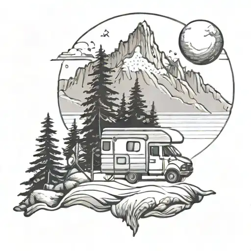 A serene scene of a lone camper surrounded by towering mountains and a tranquil ocean, capturing the essence of the client's love for the outdoors and free living tattoo design idea