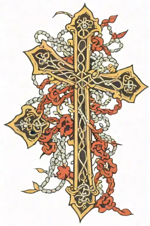 St Andrew Cross surrounded by rosary beads intertwined tattoo design idea