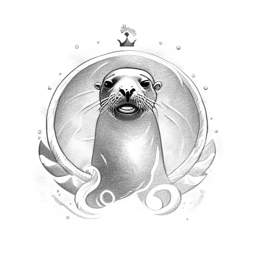 sea lion holding a trident with a crown floating above its head tattoo design idea