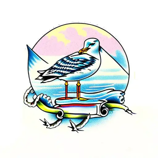 seagull pulling a glass bottle with a ship inside tattoo design idea
