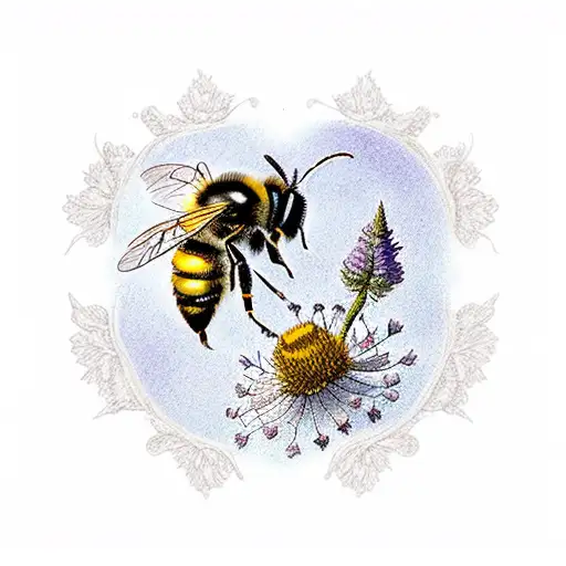 one bumblebee and one honeybee flying above and landing on one snapdragon and three queen of anne's lace tattoo design idea