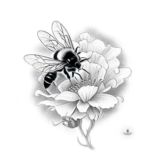 black and white gothic design of a bee with snapdragons and queen of anne's lace tattoo design idea