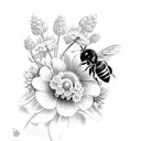 black and white gothic design of a bee with snapdragons and queen of anne's lace tattoo design idea