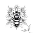 black and white gothic design of a bee with snapdragons and queen of anne's lace tattoo design idea