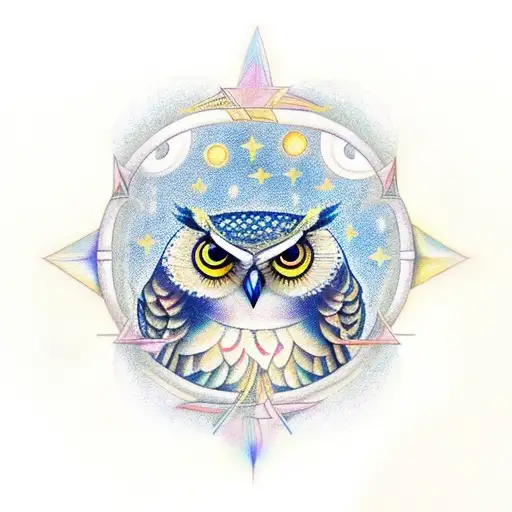 A mystical owl sitting on a crescent moon surrounded by stars tattoo design idea