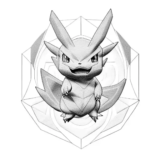 A 3D printed Pokemon in a blackwork style tattoo design idea