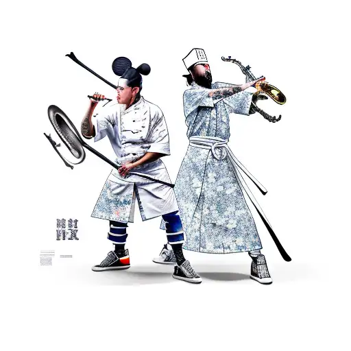 A chef cooking up a musical battle between a saxophone and a samurai, in a new-school style tattoo design idea