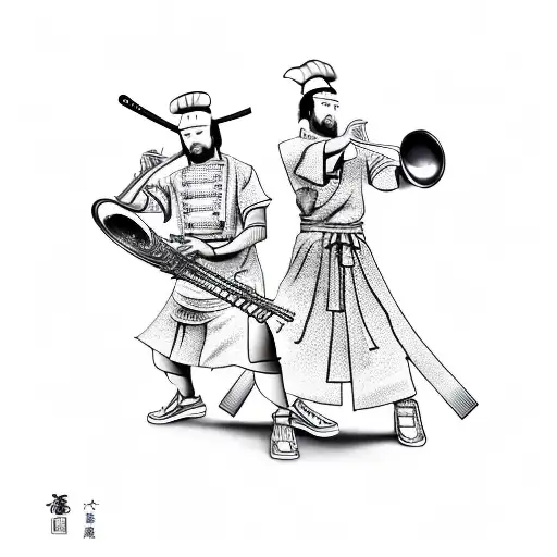 A chef cooking up a musical battle between a saxophone and a samurai, in a new-school style tattoo design idea