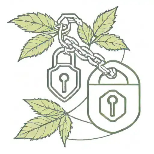 A minimalist tattoo of a lock and key design intertwined with cannabis leaves, representing the client's interest in cybersecurity and weed. tattoo design idea