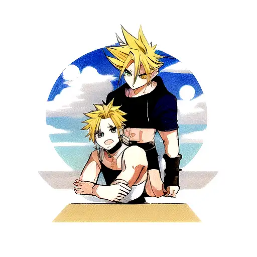 Un tatouage sur tout le bras avec cloud strife de final fantasy, kid goku, escanor de seven deadly sins , llyod Irving d tattoo design idea