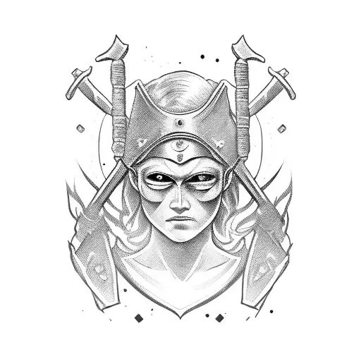 female Warrior with an injured face, holding an ancient weapon with hands, like an axe, drawing from the bust upwards tattoo design idea