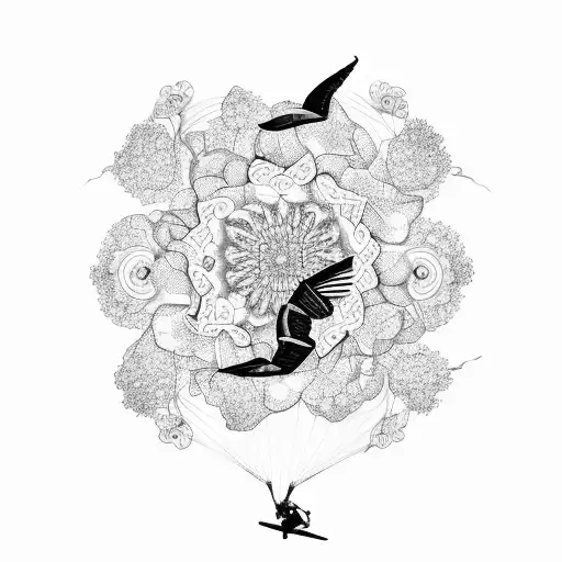 An intricate black and grey design featuring a paraglider soaring through a field of vibrant flowers, representing the harmony between nature and paragliding tattoo design idea