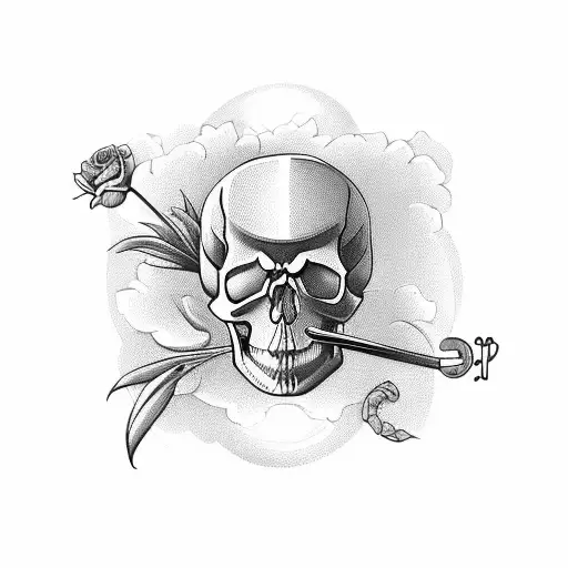 A traditional tattoo design incorporating a skull, flowers, and the thrill of paragliding, paying homage to the love for both adrenaline and nature tattoo design idea
