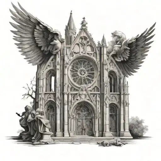 religious gothic cathedral scene tattoo design idea
