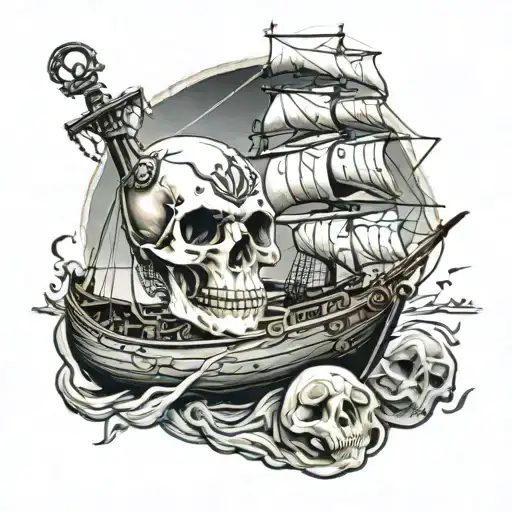 skull and viking ship sailing ship tattoo design idea