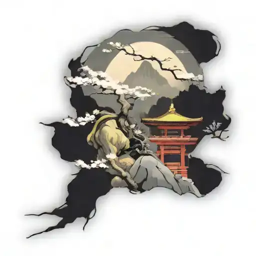 ninja at a shrine in the mountains cherry blossom trees  tattoo design idea
