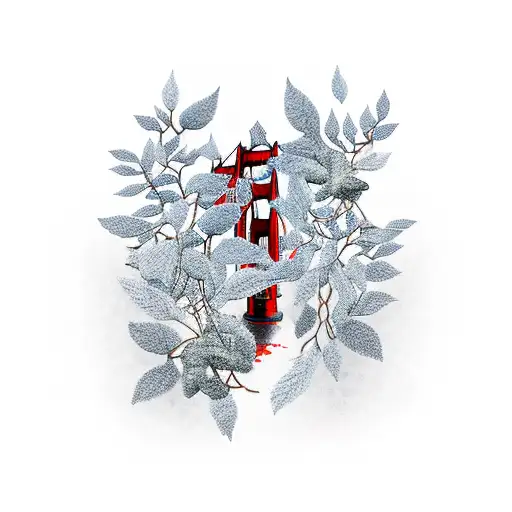 golden gate bridge surrounded by cherry leaves tattoo design idea