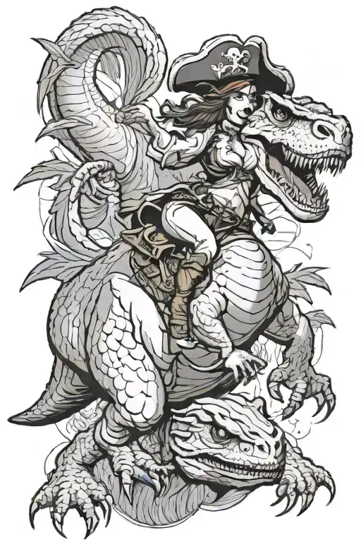 woman pirate riding a trex while it charges tattoo design idea