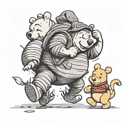 Winnie the Pooh walking in front, cheerful, with Piglet following behind him, cheerful, and eeyore behind but sad lookin tattoo design idea