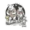 Winnie the Pooh walking in front, cheerful, with Piglet following behind him, cheerful, and eeyore behind but sad lookin tattoo design idea