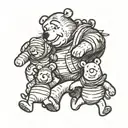 Winnie the Pooh walking in front, cheerful, with Piglet following behind him, cheerful, and eeyore behind but sad lookin tattoo design idea