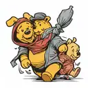 Winnie the Pooh walking in front, cheerful, with Piglet following behind him, cheerfully, and eeyore behind sad  tattoo design idea