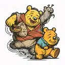 Winnie the Pooh walking in front, cheerful, with Piglet following behind him, cheerfully, and eeyore behind sad  tattoo design idea