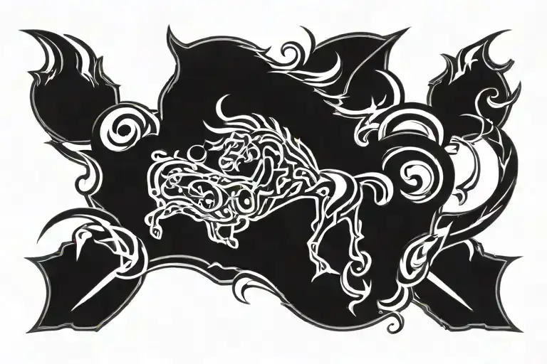 A stylized sexty 7 emblem incorporated into a bold blackwork design of a powerful mustang in motion tattoo design idea