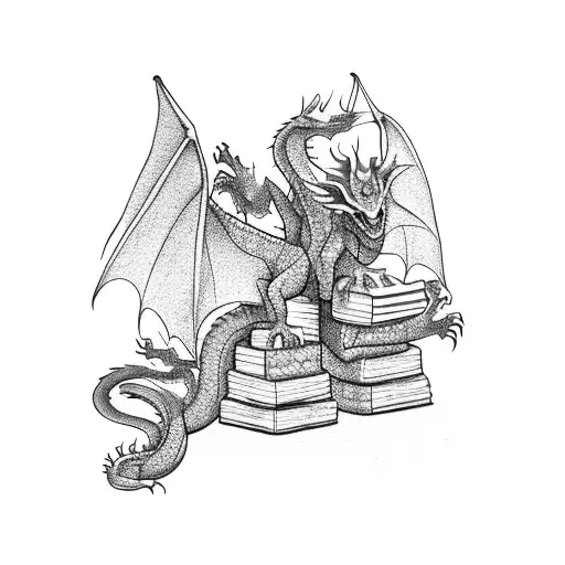Stack of books where the top book is open. 3 tiny dragons fly out of the pages tattoo design idea
