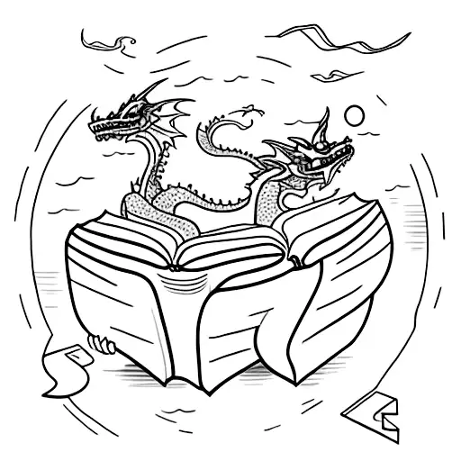 Stack of books where the top book is open. 3 tiny dragons fly out of the pages tattoo design idea