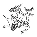 Stack of books where the top book is open. 3 tiny dragons fly out of the pages tattoo design idea